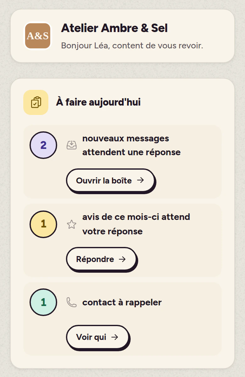 Le tableau de bord de l'espace client : messages, note moyenne, fiche et score de présence