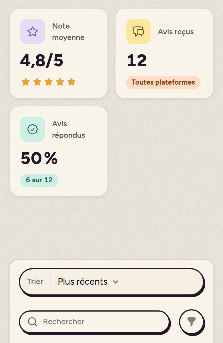 L'écran des avis clients, avec la note moyenne et les avis à répondre