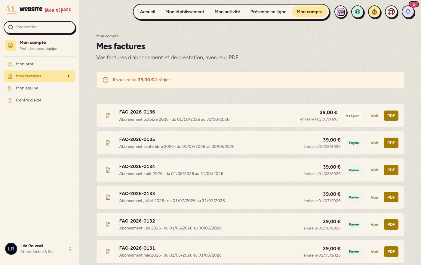 L'écran des factures de l'espace client, avec leur PDF et le montant à régler