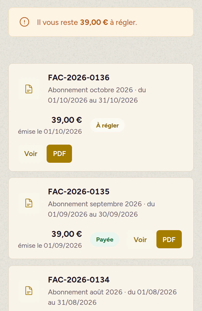 L'écran des factures de l'espace client, avec leur PDF et le montant à régler