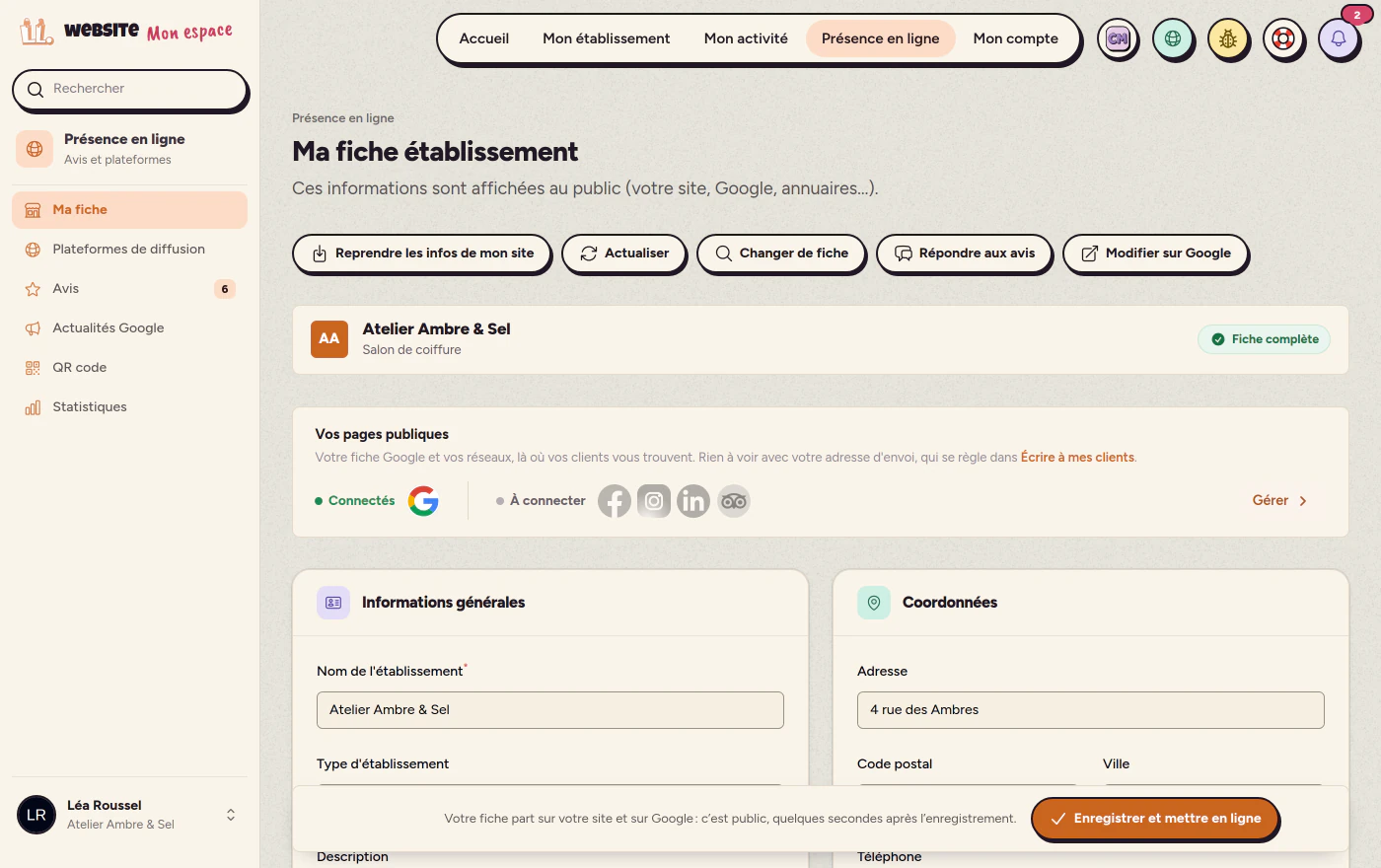 La fiche établissement dans l’espace client : nom, type d’établissement, coordonnées et horaires
