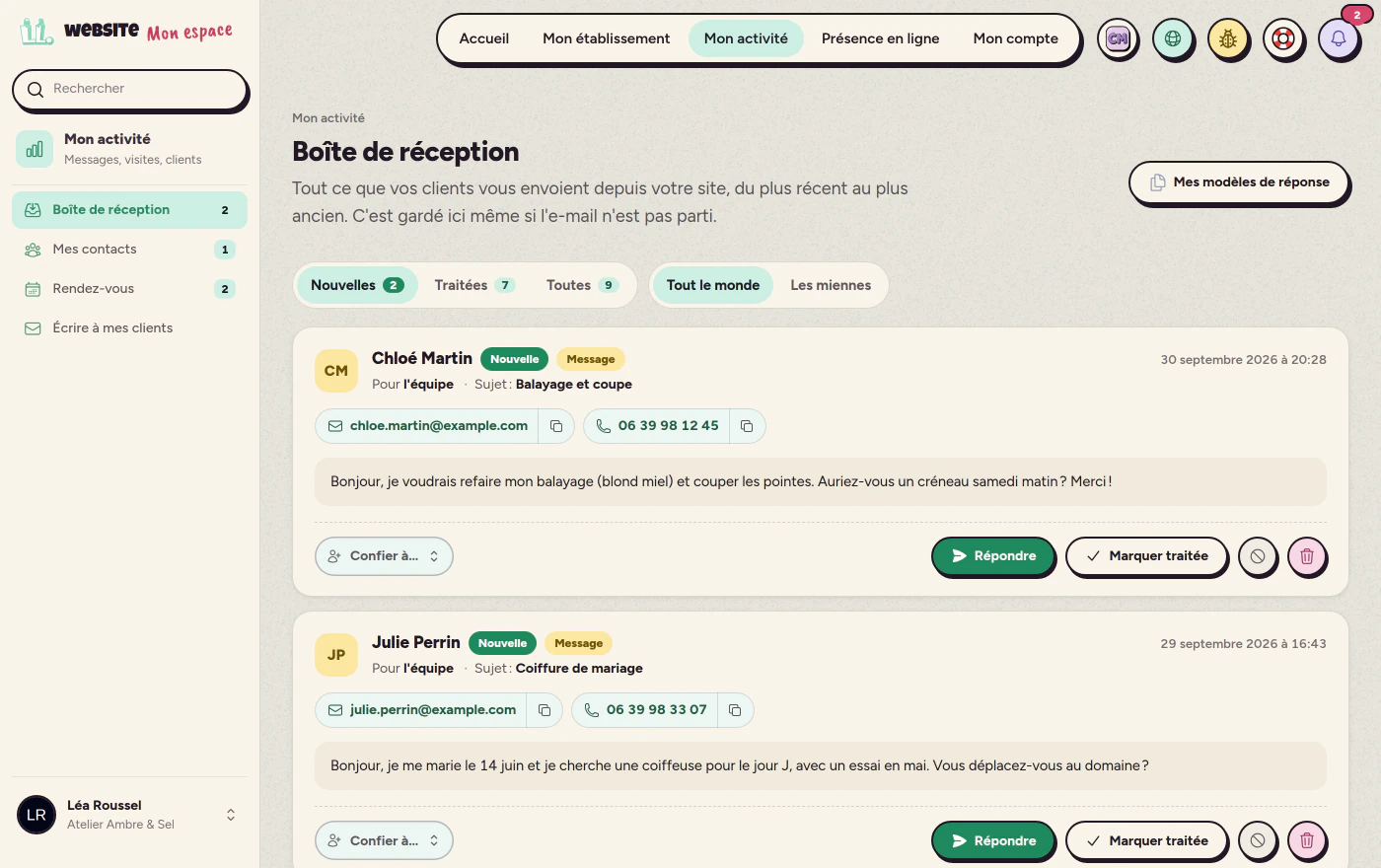 La boîte de réception de l'espace client, avec les messages reçus depuis le site