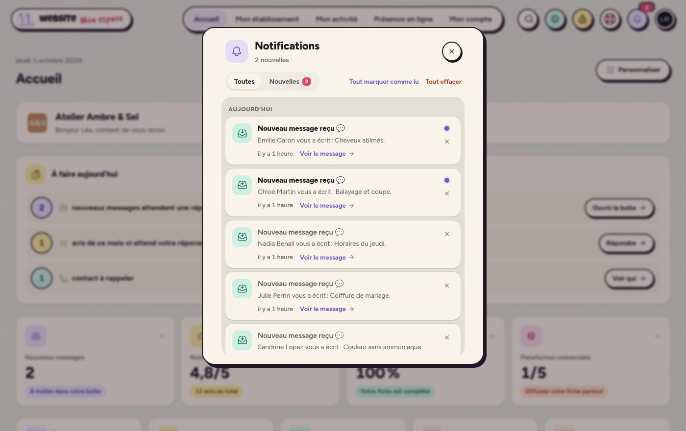 Les notifications de l’espace client, ouvertes depuis la cloche : les nouveaux messages reçus