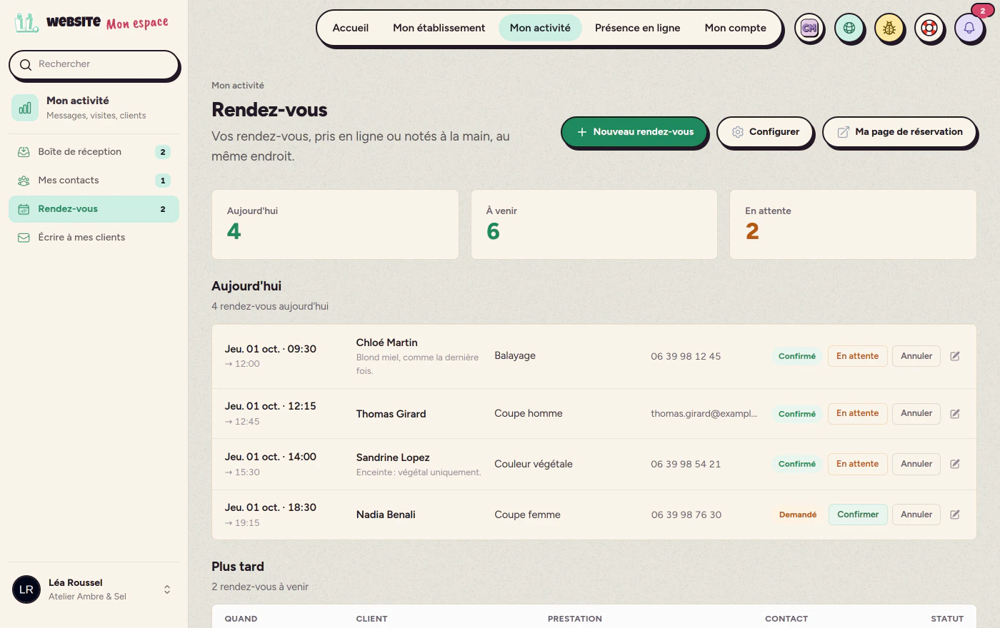 Les rendez-vous de la journée dans l’espace client : prestation, cliente, statut