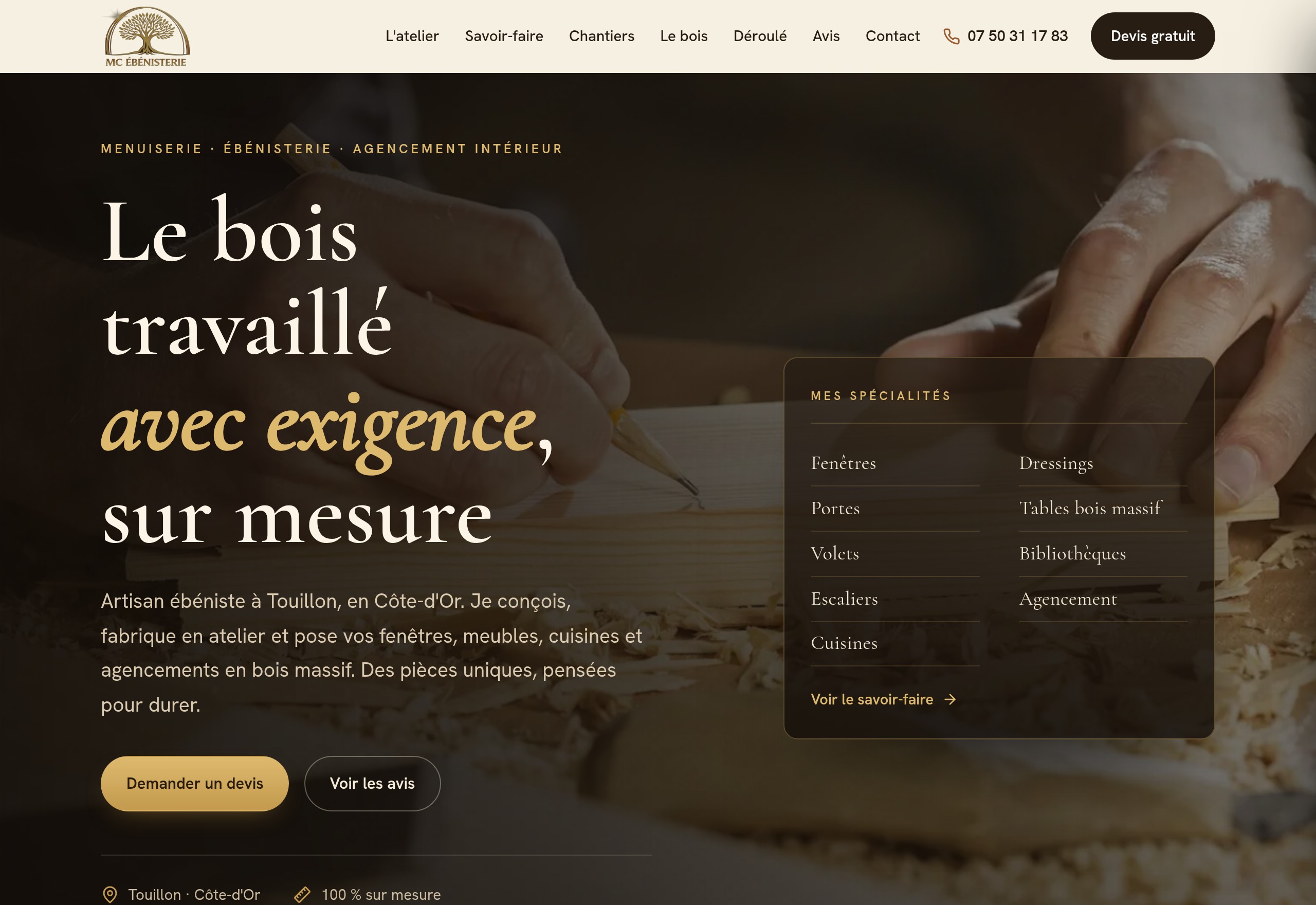 Site web de l'atelier d'ébénisterie MC Ébénisterie à Touillon